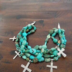 Turquoise Beaded Necklace with Silver Cross Charms